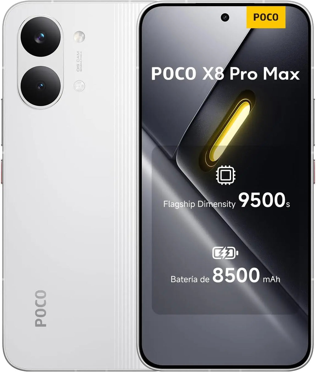 Smartphone Xiaomi Poco X8 Pro Max: versiones de 12 GB/256 GB y 12 GB/512 GB, procesador Dimensity 9500s, batería de 8500 mAh, sensor Light Fusion 600 de 50 MP con OIS, cargador no incluido (versión española).