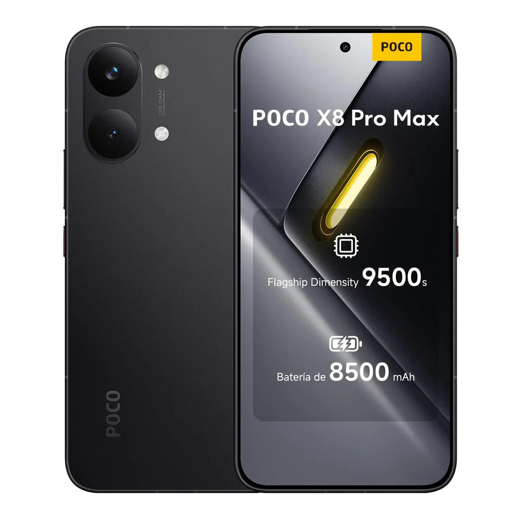 Smartphone Xiaomi Poco X8 Pro Max: versiones de 12 GB/256 GB y 12 GB/512 GB, procesador Dimensity 9500s, batería de 8500 mAh, sensor Light Fusion 600 de 50 MP con OIS, cargador no incluido (versión española).