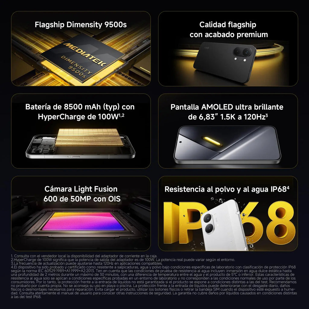 Smartphone Xiaomi Poco X8 Pro Max: versiones de 12 GB/256 GB y 12 GB/512 GB, procesador Dimensity 9500s, batería de 8500 mAh, sensor Light Fusion 600 de 50 MP con OIS, cargador no incluido (versión española).