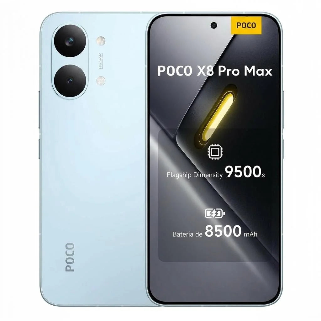 Smartphone Xiaomi Poco X8 Pro Max: versiones de 12 GB/256 GB y 12 GB/512 GB, procesador Dimensity 9500s, batería de 8500 mAh, sensor Light Fusion 600 de 50 MP con OIS, cargador no incluido (versión española).