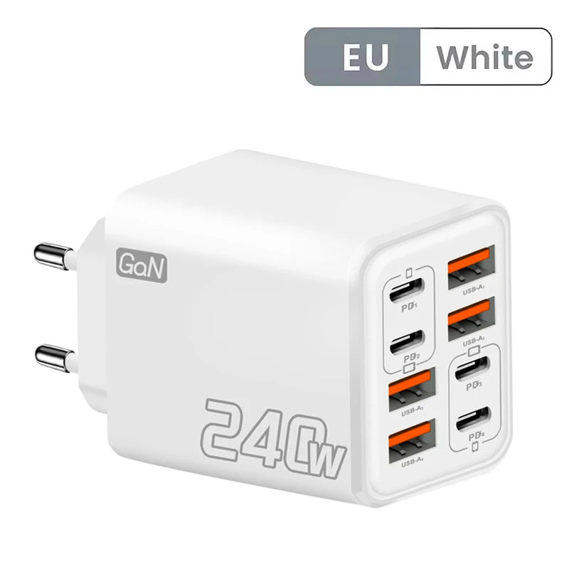 Cargador USB C GaN de 240 W, 8 en 1, carga rápida, cargador de teléfono, adaptador de corriente para iPhone, Samsung, Xiaomi, tipo C, enchufe de pared UE/EE. UU.