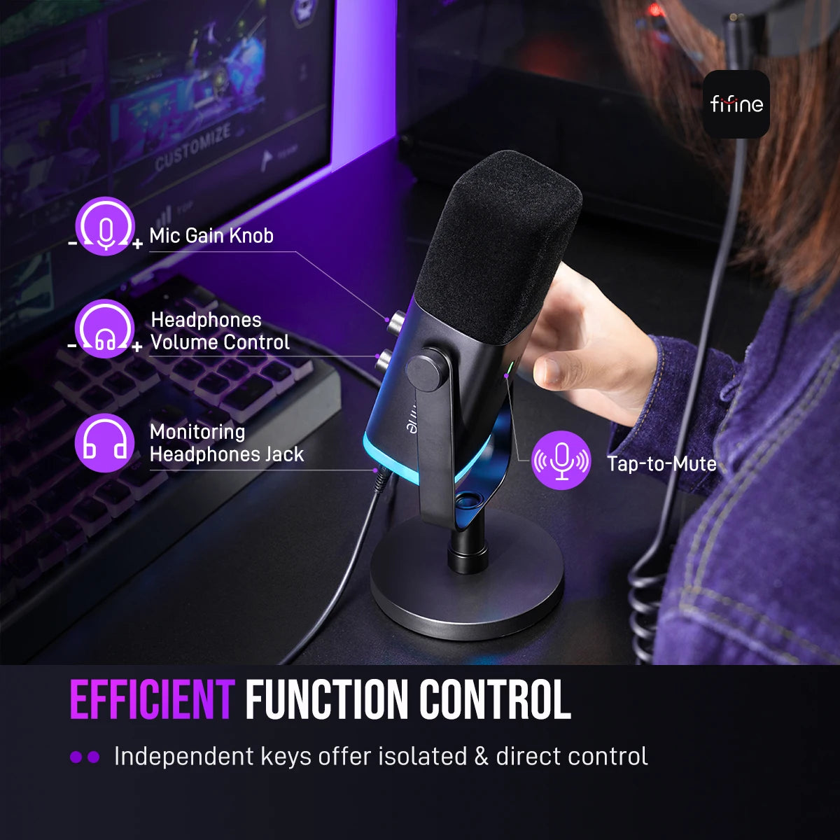 FIFINE USB/XLR Dynamic Microphone with RGB Control, Headphone Jack and Mute Function, PC Gaming, Recording and Streaming Microphone AmpliGame-AM8