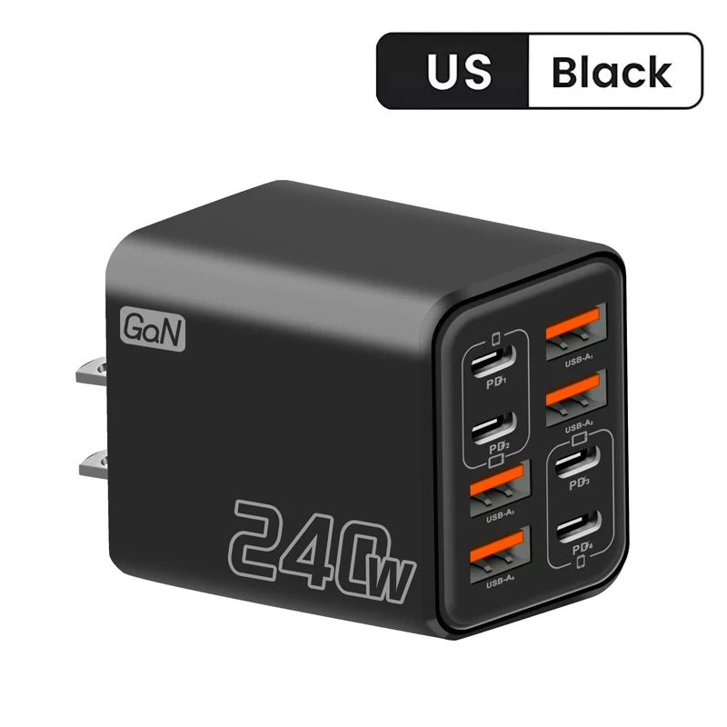 Cargador USB C GaN de 240 W, 8 en 1, carga rápida, cargador de teléfono, adaptador de corriente para iPhone, Samsung, Xiaomi, tipo C, enchufe de pared UE/EE. UU.