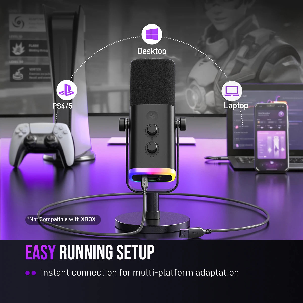 FIFINE USB/XLR Dynamic Microphone with RGB Control, Headphone Jack and Mute Function, PC Gaming, Recording and Streaming Microphone AmpliGame-AM8