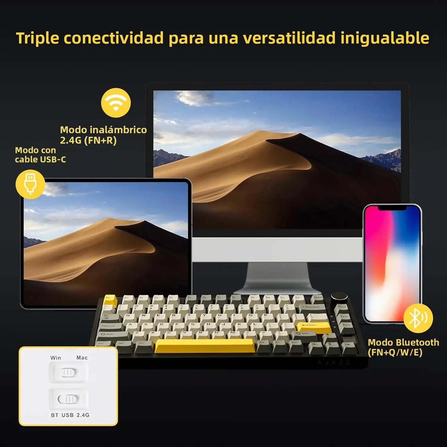 AJAZZ AK820/Pro Wireless Mechanical Keyboard Bluetooth 5.1 2.4G USB-C Wired Hot Swappable RGB Gaming Keyboard Gasket Mount with