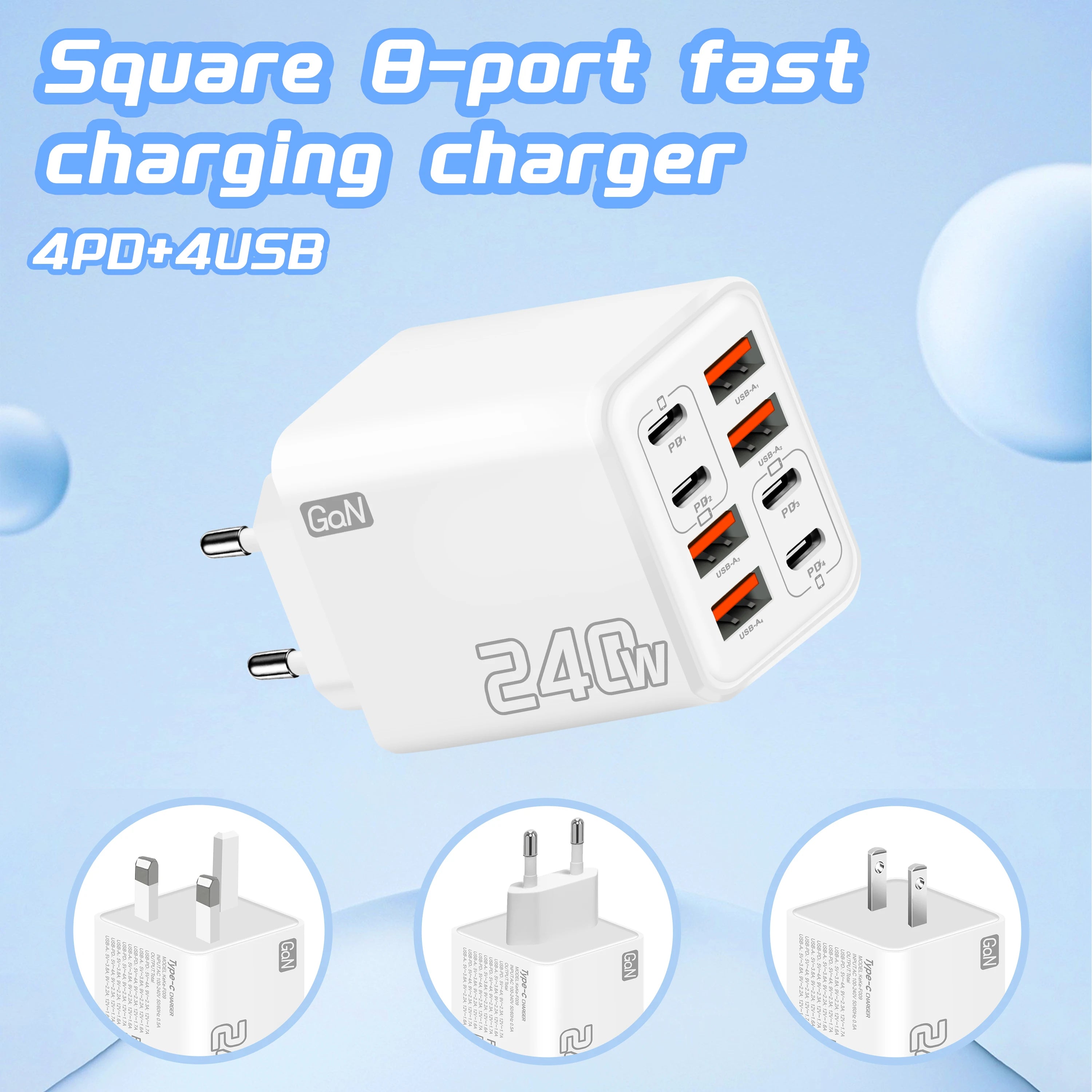 Cargador USB C GaN de 240 W, 8 en 1, carga rápida, cargador de teléfono, adaptador de corriente para iPhone, Samsung, Xiaomi, tipo C, enchufe de pared UE/EE. UU.