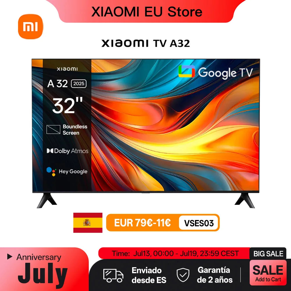 Xiaomi TV A 32, tamaño compacto con pantalla a color, sonido dinámico con Dolby Audio™, DTS-X y DTS Virtual:X, acabado metálico de alta gama