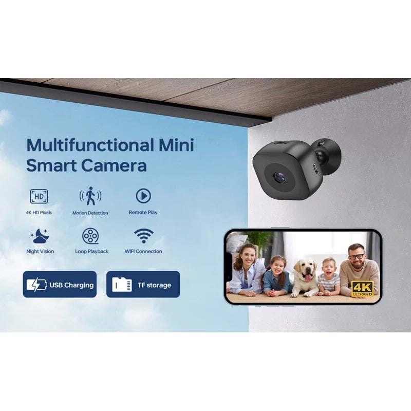 Minicámara inteligente 4K con visión nocturna a todo color, alta definición y WiFi; resistente al agua, con detección de movimiento y monitoreo de seguridad para el hogar.