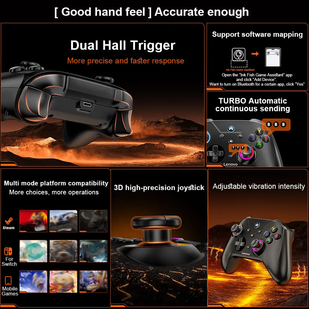 Mando inalámbrico para juegos Lenovo S02 con Bluetooth y gatillos de efecto Hall dual; compatible con Switch, PC, Android, iOS y TV.