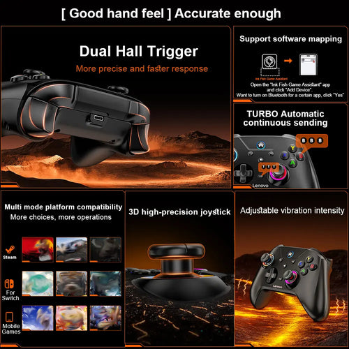 Mando inalámbrico para juegos Lenovo S02 con Bluetooth y gatillos de efecto Hall dual; compatible con Switch, PC, Android, iOS y TV.