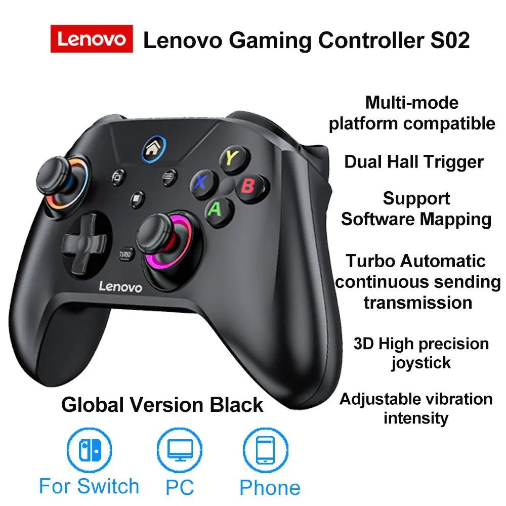 Mando inalámbrico para juegos Lenovo S02 con Bluetooth y gatillos de efecto Hall dual; compatible con Switch, PC, Android, iOS y TV.