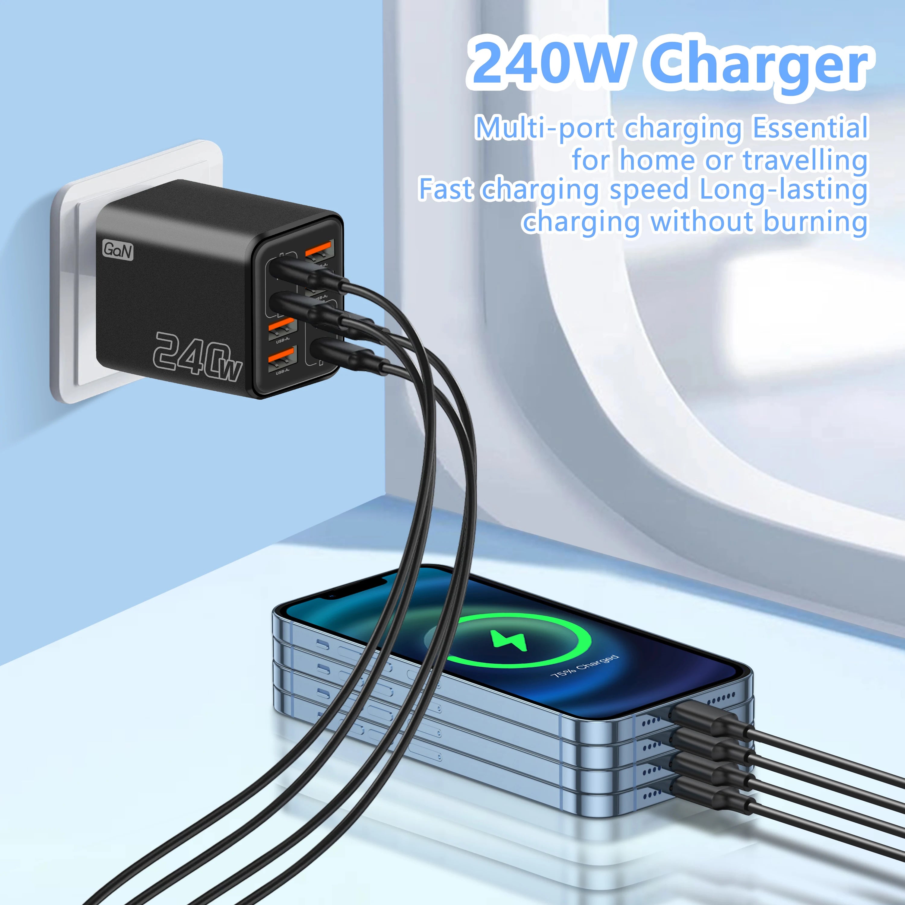 Cargador USB C GaN de 240 W, 8 en 1, carga rápida, cargador de teléfono, adaptador de corriente para iPhone, Samsung, Xiaomi, tipo C, enchufe de pared UE/EE. UU.