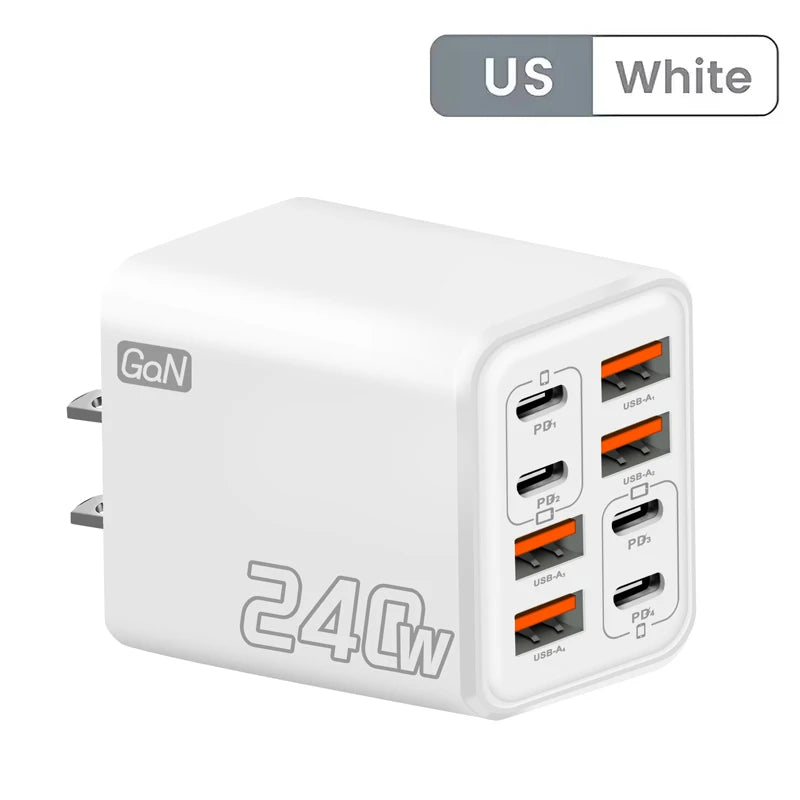 Cargador USB C GaN de 240 W, 8 en 1, carga rápida, cargador de teléfono, adaptador de corriente para iPhone, Samsung, Xiaomi, tipo C, enchufe de pared UE/EE. UU.