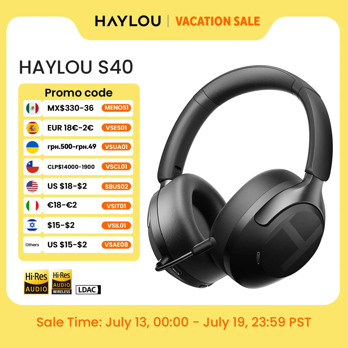 Auriculares inalámbricos HAYLOU S40 con cancelación de ruido ANC de 50 dB, audio espacial 3D de alta resolución (Hi-Res), tecnología LDAC, Bluetooth 6.0 y diseño circumaural (over-ear).
