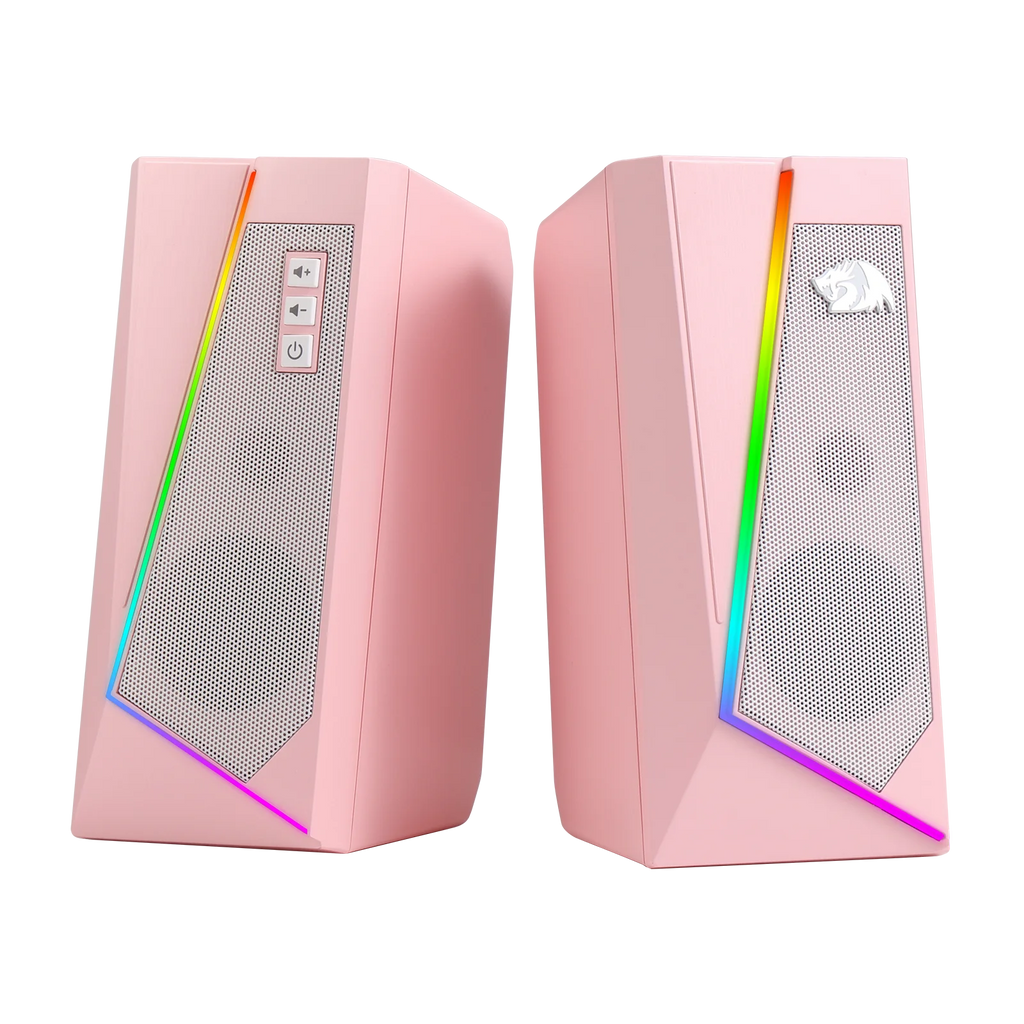 Altavoces de escritorio Redragon GS520 RGB, sistema estéreo 2.0 para PC con 6 modos de iluminación LED colorida y sonido mejorado, color blanco/rosa.
