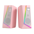 Altavoces de escritorio Redragon GS520 RGB, sistema estéreo 2.0 para PC con 6 modos de iluminación LED colorida y sonido mejorado, color blanco/rosa.