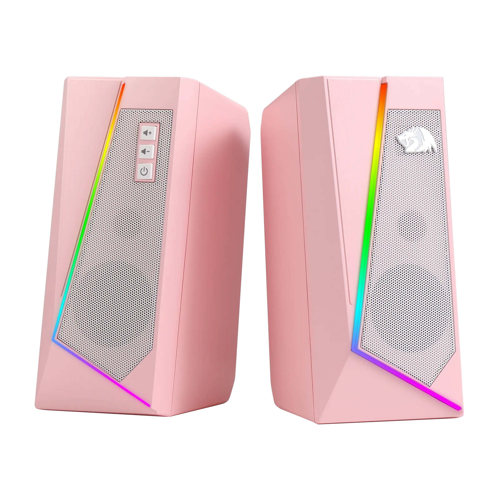 Altavoces de escritorio Redragon GS520 RGB, sistema estéreo 2.0 para PC con 6 modos de iluminación LED colorida y sonido mejorado, color blanco/rosa.