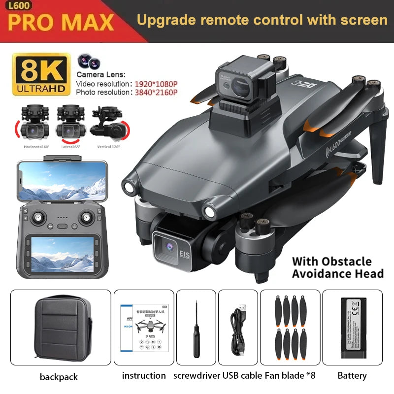 L600 PRO MAX GPS Drone Professional 8K 3-Axis Gimbal HD Dual Camera Obstacle Avoidance FPV Brushless 5G WIFI RC Quadcopter Toys