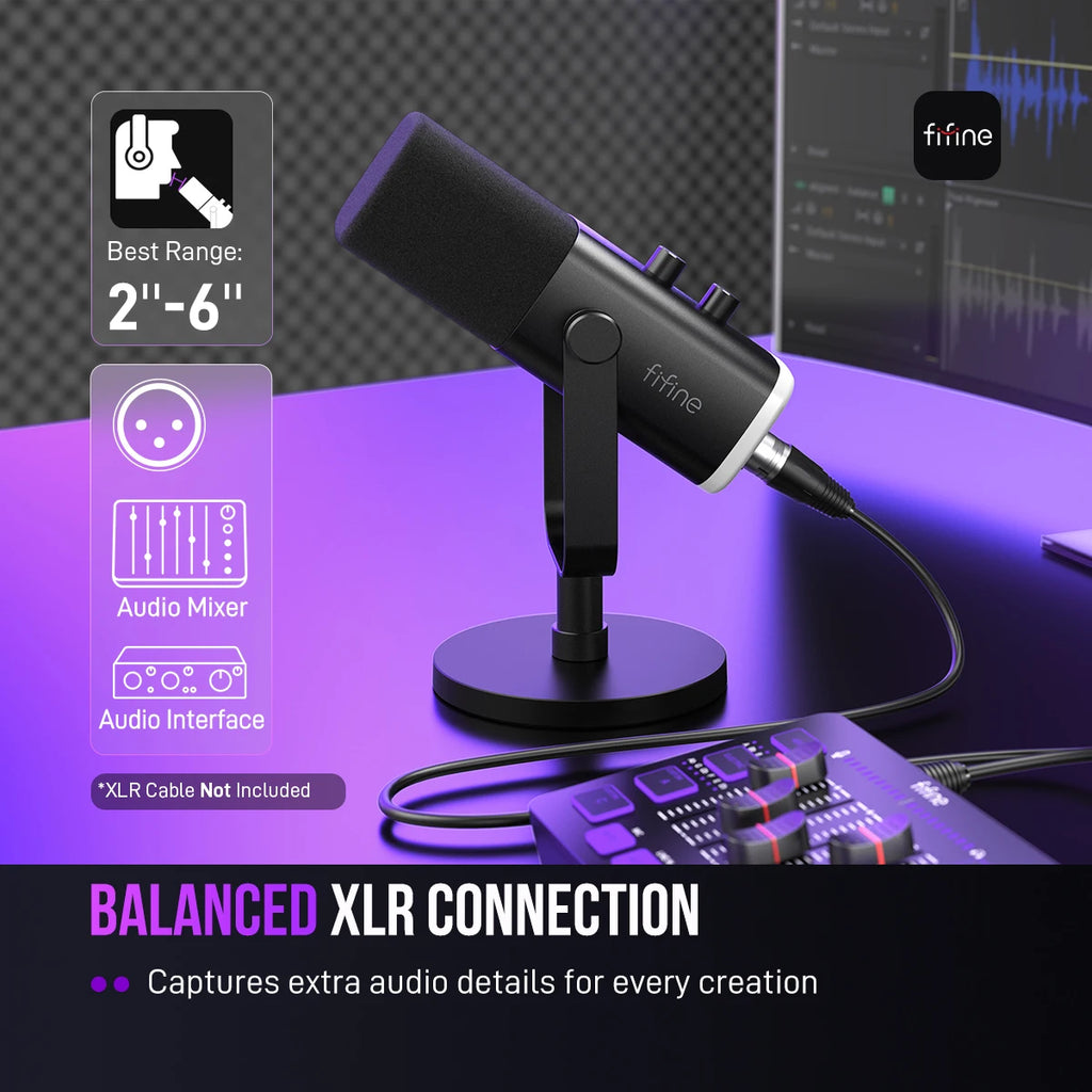 FIFINE USB/XLR Dynamic Microphone with RGB Control, Headphone Jack and Mute Function, PC Gaming, Recording and Streaming Microphone AmpliGame-AM8