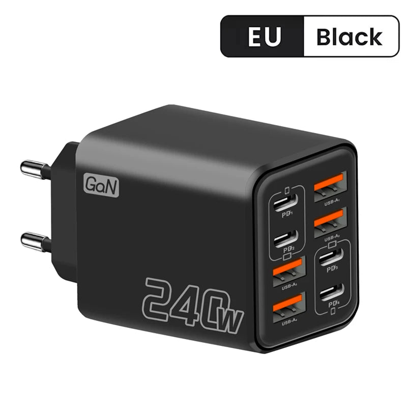 Cargador USB C GaN de 240 W, 8 en 1, carga rápida, cargador de teléfono, adaptador de corriente para iPhone, Samsung, Xiaomi, tipo C, enchufe de pared UE/EE. UU.