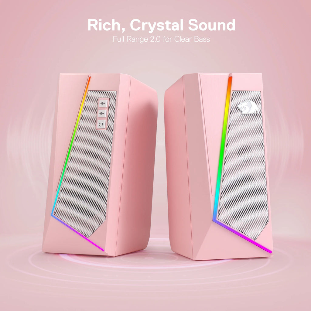 Altavoces de escritorio Redragon GS520 RGB, sistema estéreo 2.0 para PC con 6 modos de iluminación LED colorida y sonido mejorado, color blanco/rosa.