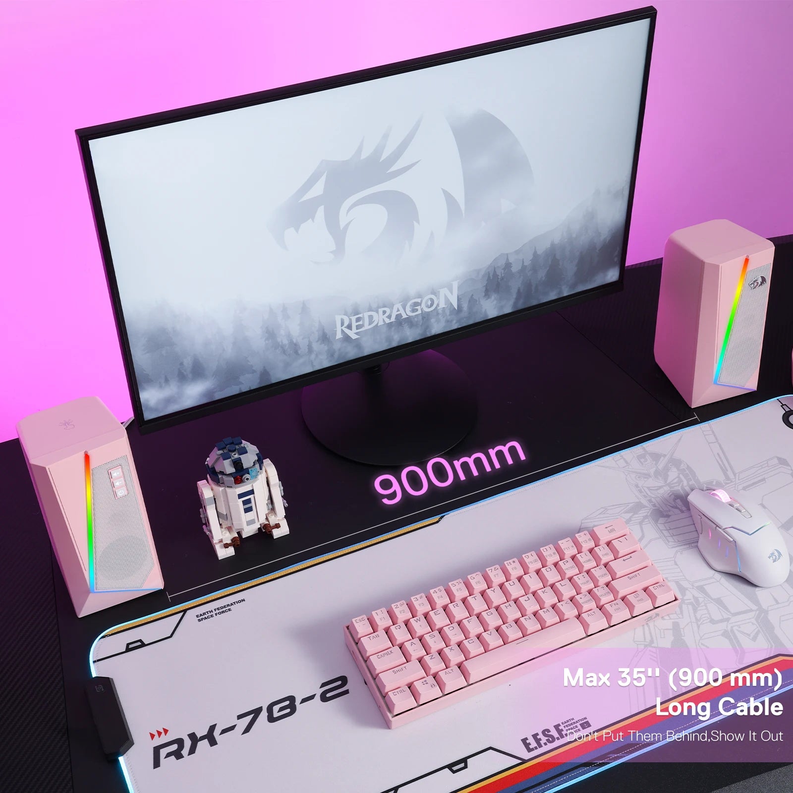 Altavoces de escritorio Redragon GS520 RGB, sistema estéreo 2.0 para PC con 6 modos de iluminación LED colorida y sonido mejorado, color blanco/rosa.