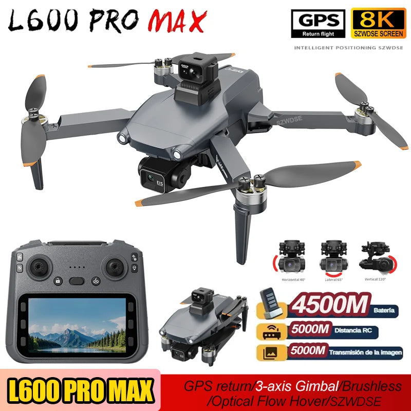 Dron profesional L600 PRO MAX con GPS, cámara dual HD 8K, estabilizador (gimbal) de 3 ejes, sistema de evitación de obstáculos, FPV, motores sin escobillas, WiFi 5G y control remoto.