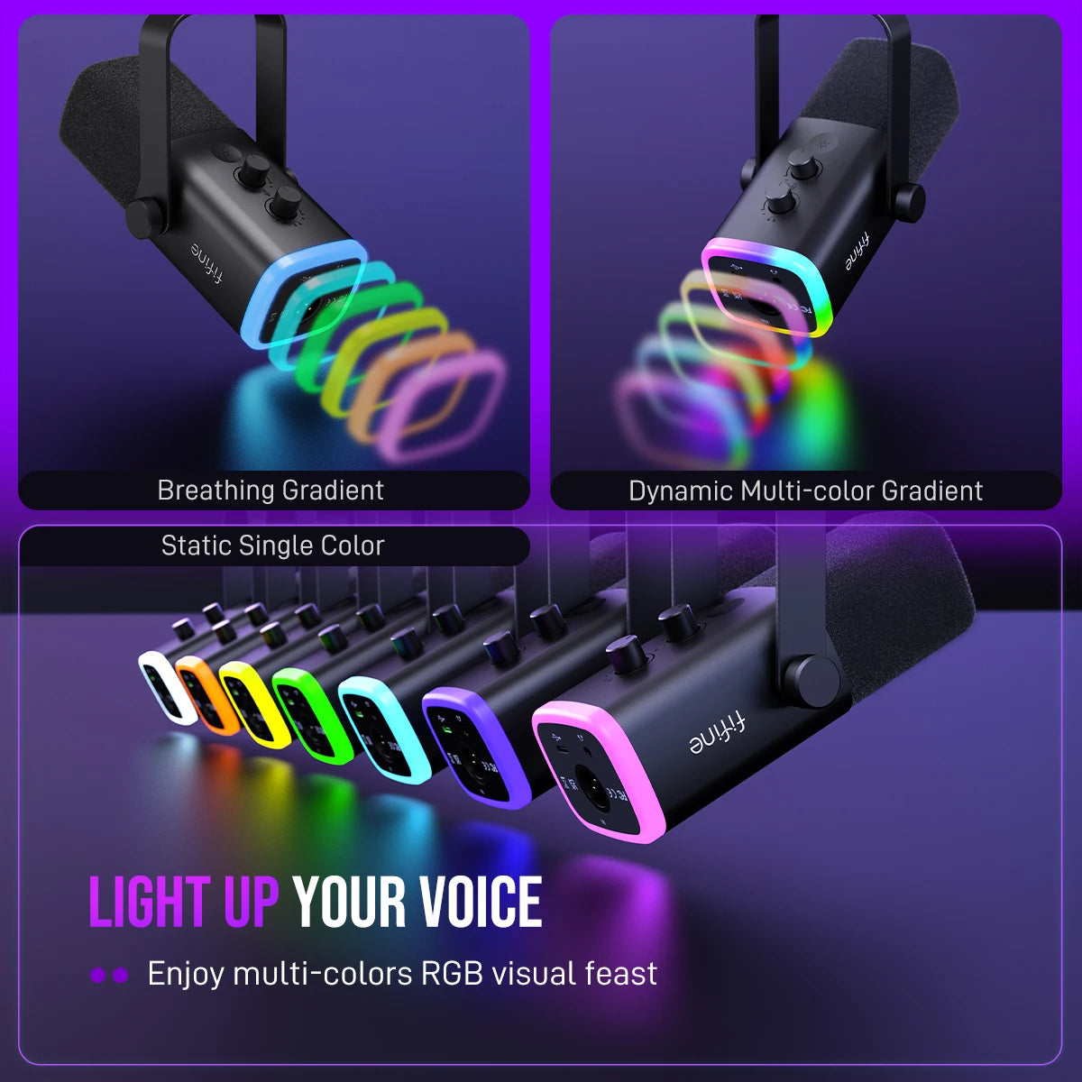 FIFINE USB/XLR Dynamic Microphone with RGB Control, Headphone Jack and Mute Function, PC Gaming, Recording and Streaming Microphone AmpliGame-AM8