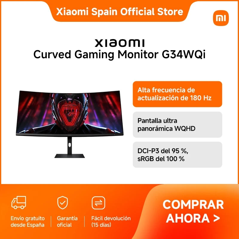 Monitor gaming curvo Xiaomi G34Wqi, alta tasa de refresco de 180 Hz, pantalla ultraancha WQHD, 95% DCI-P3, 100% sRGB