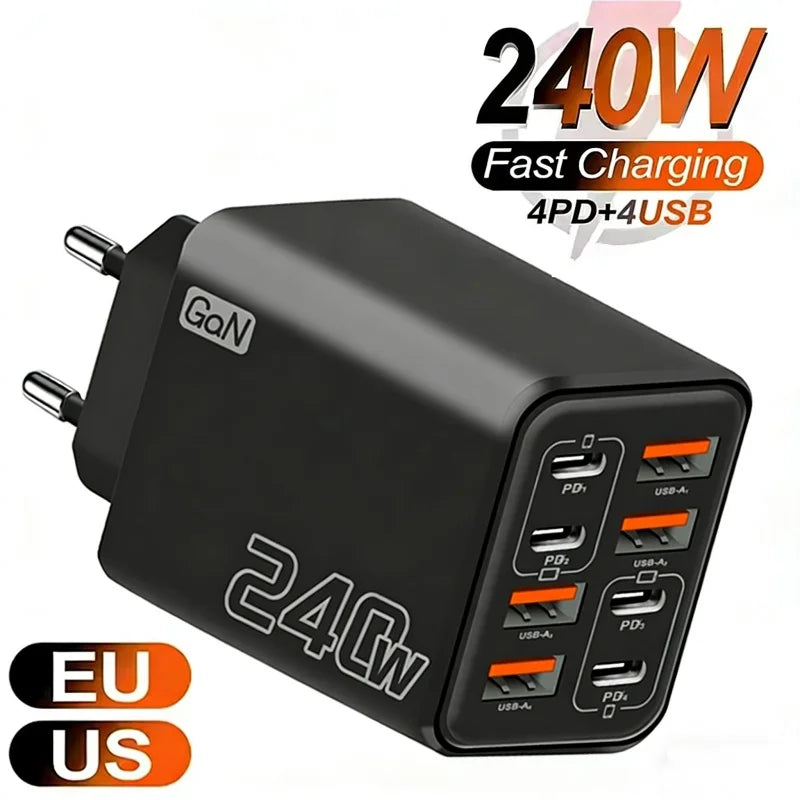 Cargador USB C GaN de 240 W, 8 en 1, carga rápida, cargador de teléfono, adaptador de corriente para iPhone, Samsung, Xiaomi, tipo C, enchufe de pared UE/EE. UU.