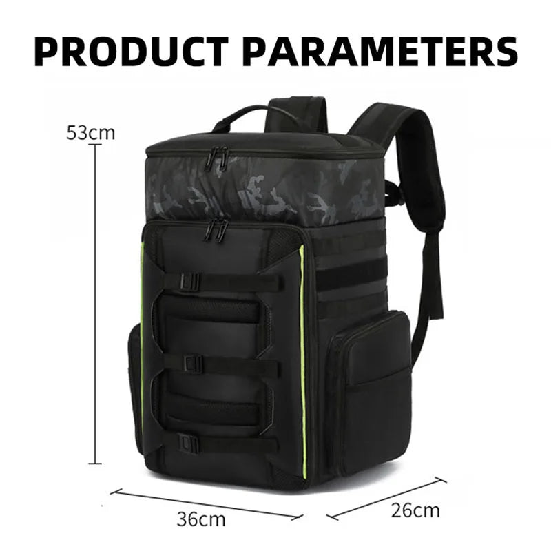 Drone and climbing gear backpack: large bag for photography, sports, and outdoor activities, with laptop compartment and dry/wet item separation; suitable for business travel.