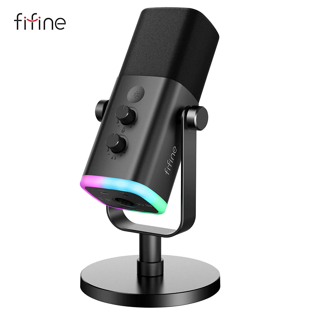 FIFINE USB/XLR Dynamic Microphone with RGB Control, Headphone Jack and Mute Function, PC Gaming, Recording and Streaming Microphone AmpliGame-AM8