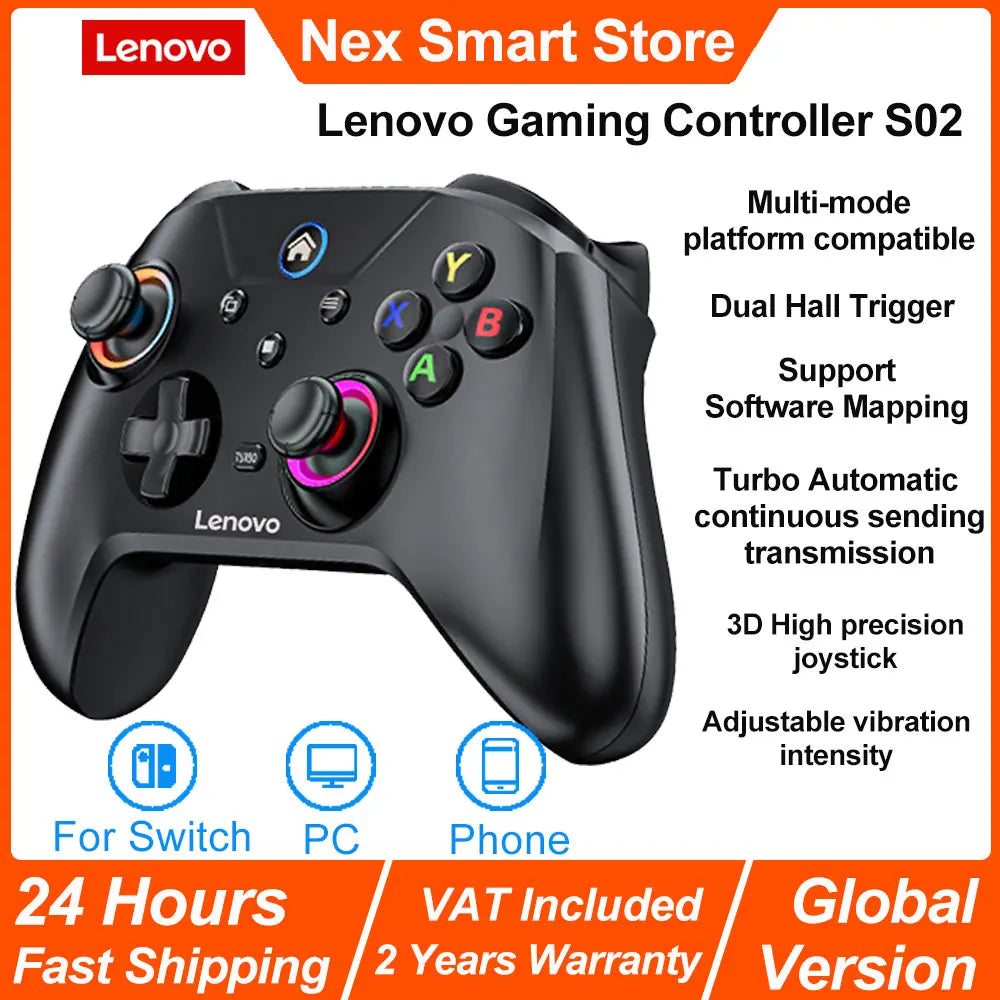 Mando inalámbrico para juegos Lenovo S02 con Bluetooth y gatillos de efecto Hall dual; compatible con Switch, PC, Android, iOS y TV.