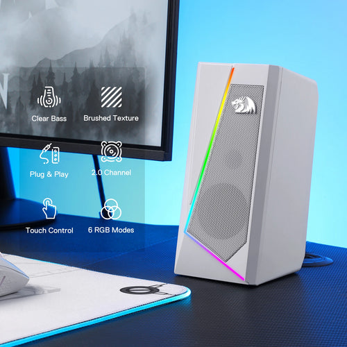 Altavoces de escritorio Redragon GS520 RGB, sistema estéreo 2.0 para PC con 6 modos de iluminación LED colorida y sonido mejorado, color blanco/rosa.